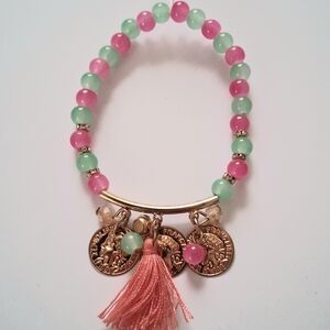 Pink and Green Beaded Bracelet with Gold Accents